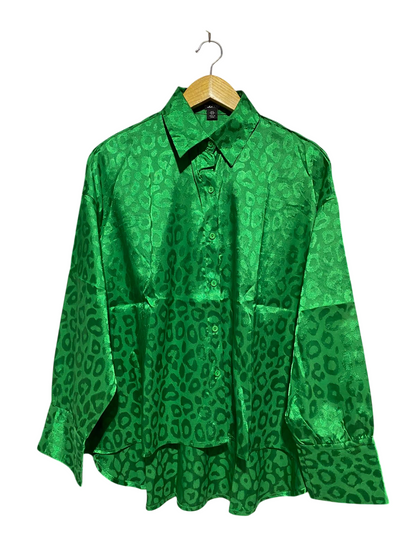 BOOHOO |XL| BUST 27| B23| VIBRANT EMERALD GREEN SATIN JACQUARD LEOPARD PRINT BLOUSE