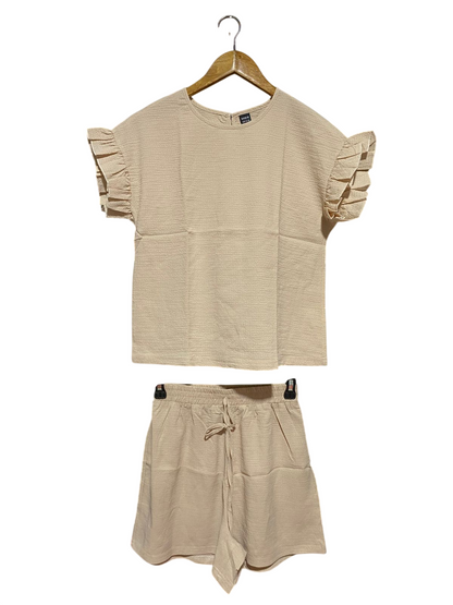 SHEIN |XS| B23|  CHIC BEIGE TEXTURED RUFFLE SLEEVE TWO-PIECE SET