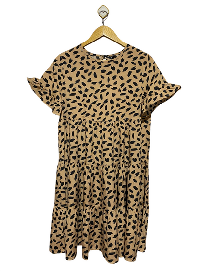 SHEIN |S| BUST 18| B23| TAN AND BLACK PRINTED TIERED BABYDOLL DRESS