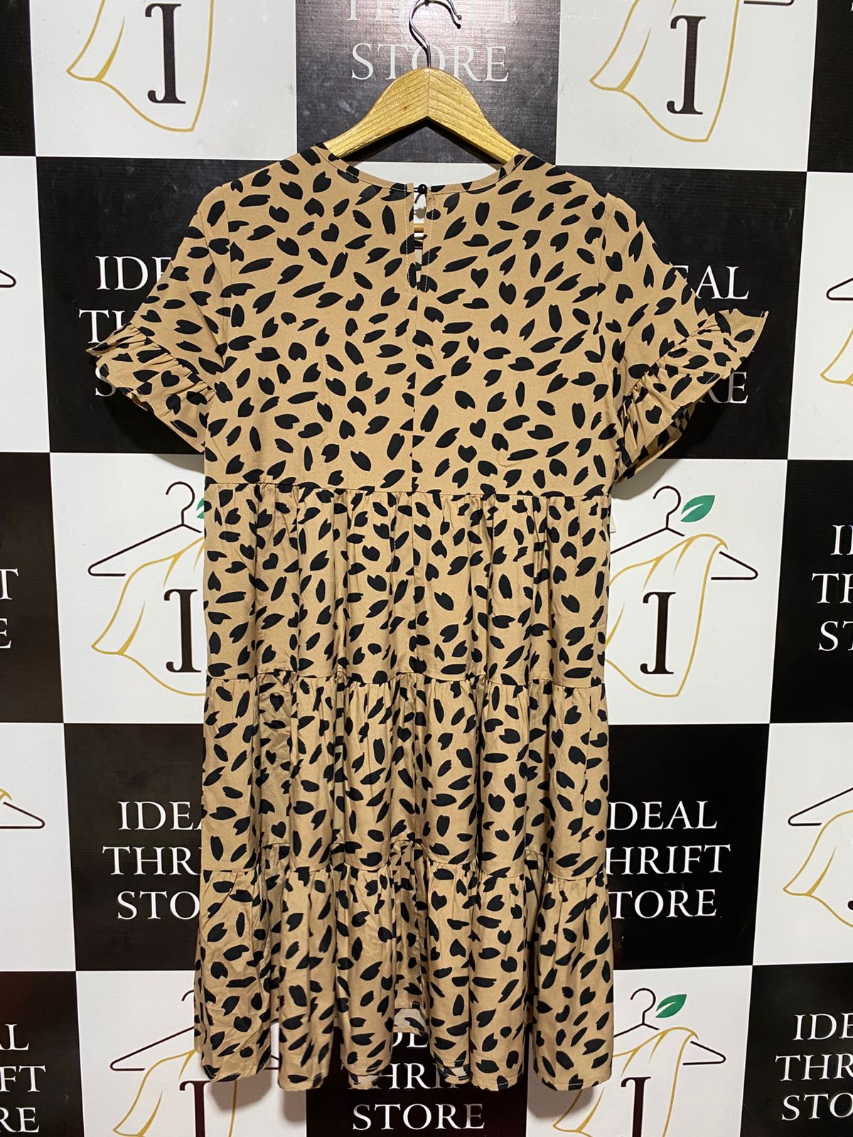 SHEIN |S| BUST 18| B23| TAN AND BLACK PRINTED TIERED BABYDOLL DRESS