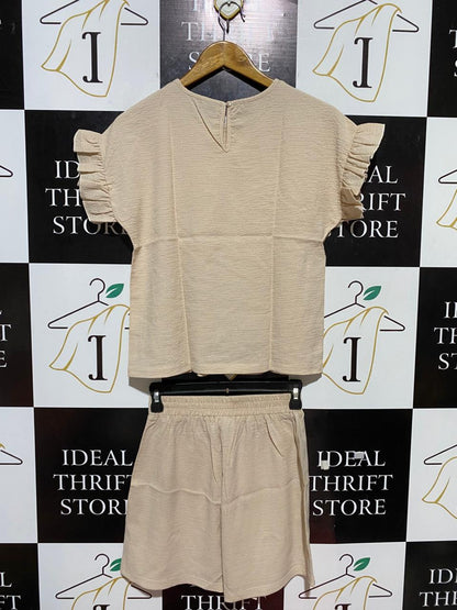 SHEIN |XS| B23|  CHIC BEIGE TEXTURED RUFFLE SLEEVE TWO-PIECE SET