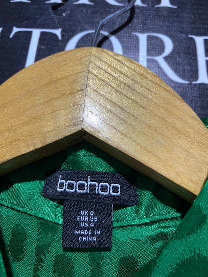 BOOHOO |XL| BUST 27| B23| VIBRANT EMERALD GREEN SATIN JACQUARD LEOPARD PRINT BLOUSE