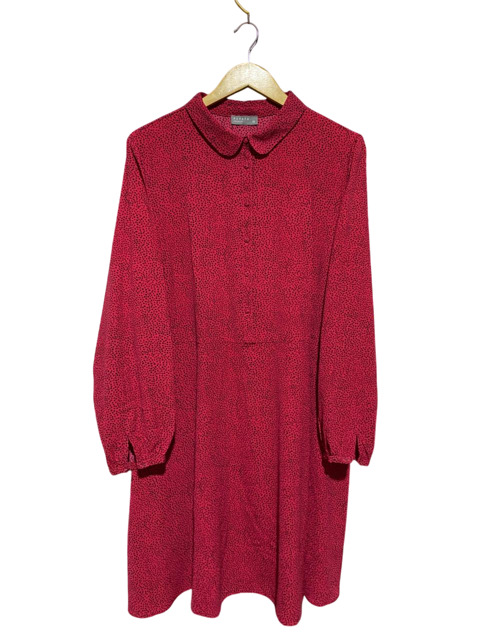 PAPAYA |XL| BUST 24| B23| WOMEN'S VINTAGE RED POLKA DOT SHIFT DRESS - PETER PAN COLLAR LONG SLEEVE MINI