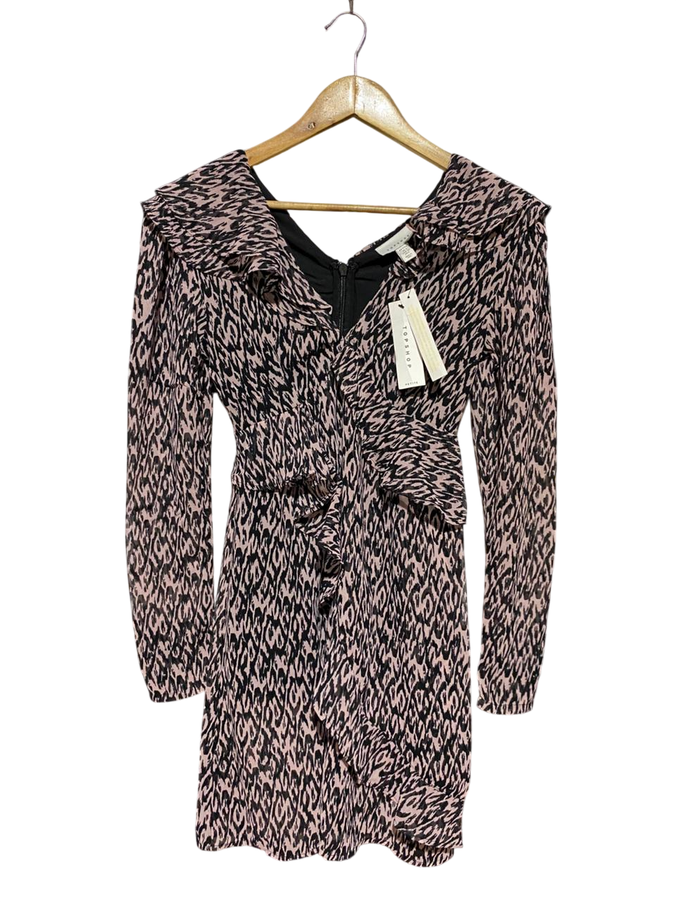 TOPSHOP |S| BUST 15| B23| PETITE RUFFLE V-NECK MINI DRESS - PINK & BLACK ANIMAL PRINT