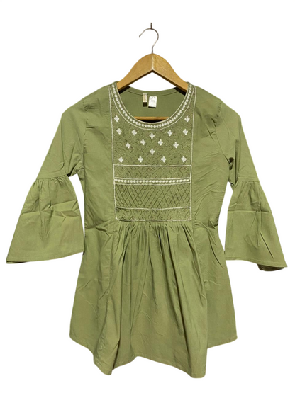 HODGEPODGE |S| BUST 16| B23| PREMIUM OLIVE GREEN EMBROIDERED TUNIC TOP - BELL SLEEVE BOHEMIAN BLOUSE