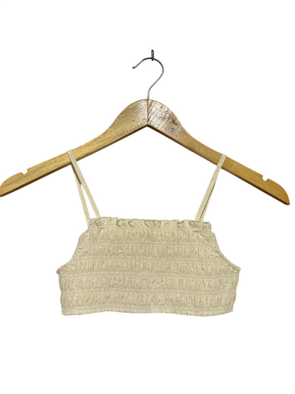ZARA |XS| BUST 12| B23| PREMIUM CREAM SMOCKED SPAGHETTI STRAP CROP TOP – CHIC SUMMER TEXTURED BANDEAU