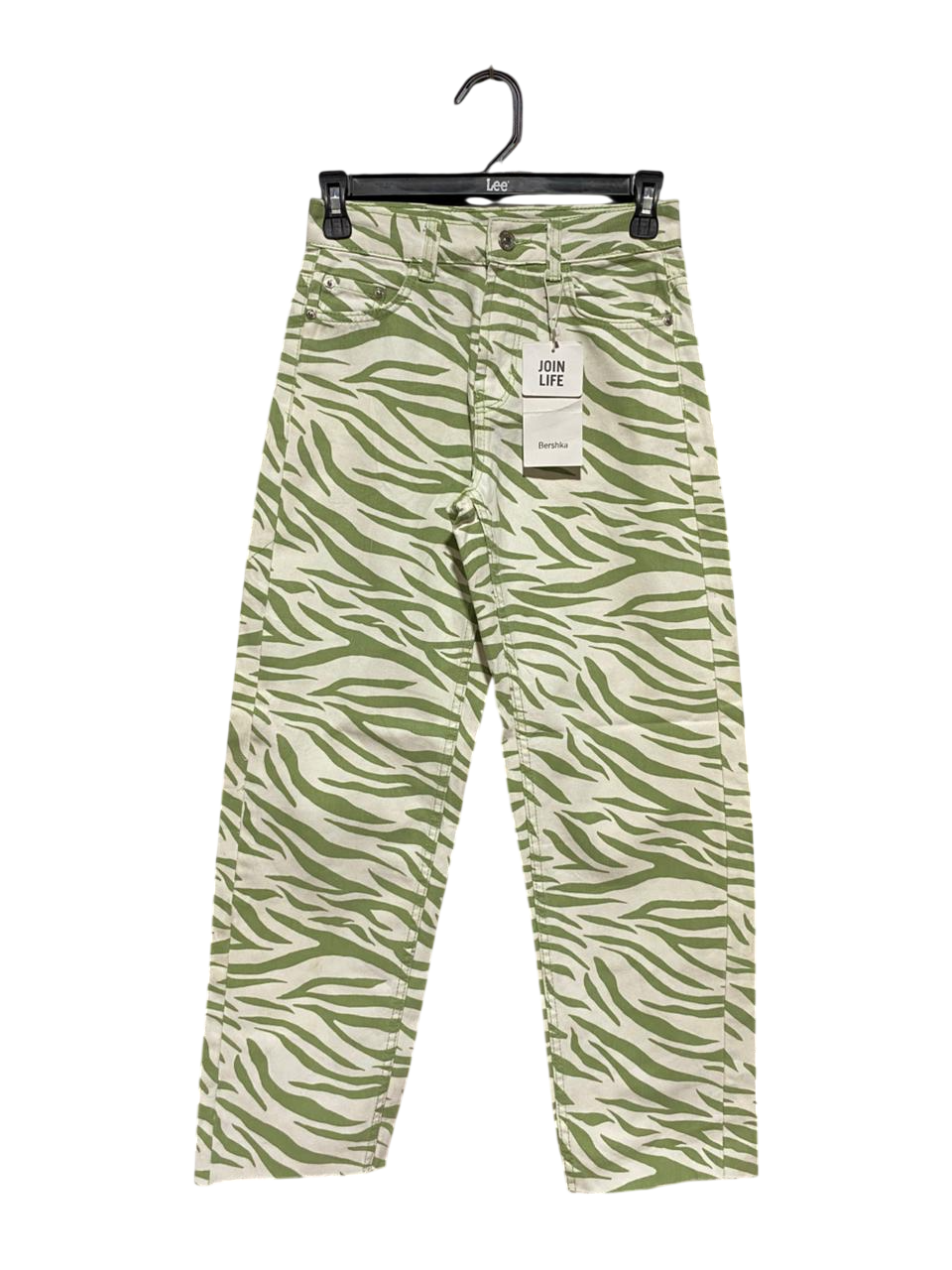 BERSHKA |S| WAIST 26| B24| PREMIUM GREEN ZEBRA PRINT DENIM JEANS - HIGH-RISE STRAIGHT-LEG APPAREL
