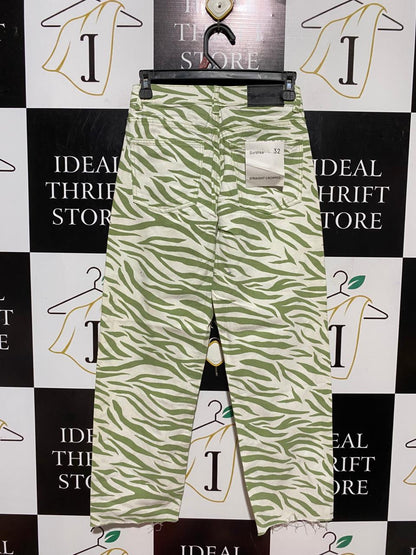 BERSHKA |S| WAIST 26| B24| PREMIUM GREEN ZEBRA PRINT DENIM JEANS - HIGH-RISE STRAIGHT-LEG APPAREL