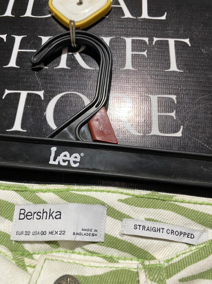 BERSHKA |S| WAIST 26| B24| PREMIUM GREEN ZEBRA PRINT DENIM JEANS - HIGH-RISE STRAIGHT-LEG APPAREL