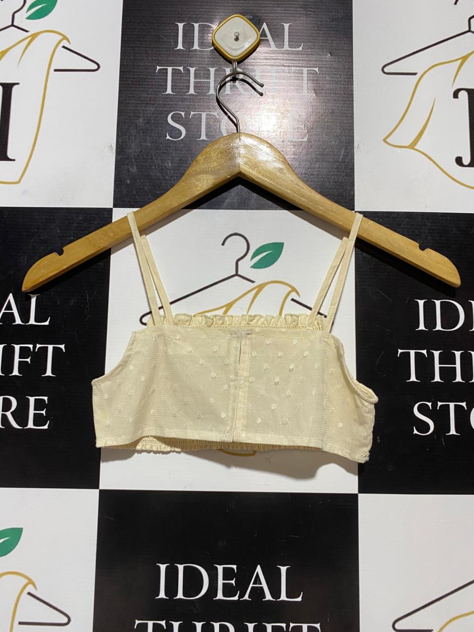 ZARA |XS| BUST 12| B23| PREMIUM CREAM SMOCKED SPAGHETTI STRAP CROP TOP – CHIC SUMMER TEXTURED BANDEAU