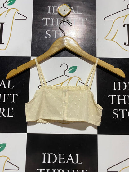 ZARA |XS| BUST 12| B23| PREMIUM CREAM SMOCKED SPAGHETTI STRAP CROP TOP – CHIC SUMMER TEXTURED BANDEAU