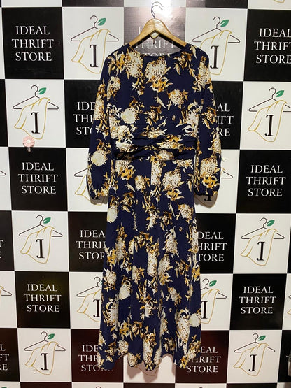 |M| BUST 17| B23| ELEGANT NAVY FLORAL MAXI DRESS - V-NECK LONG SLEEVE BOHEMIAN GOWN