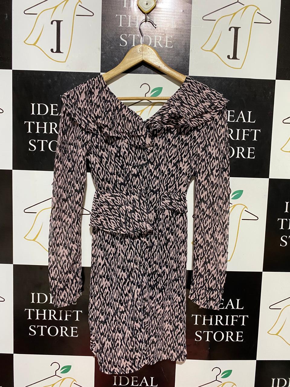 TOPSHOP |S| BUST 15| B23| PETITE RUFFLE V-NECK MINI DRESS - PINK & BLACK ANIMAL PRINT