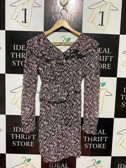 TOPSHOP |S| BUST 15| B23| PETITE RUFFLE V-NECK MINI DRESS - PINK & BLACK ANIMAL PRINT