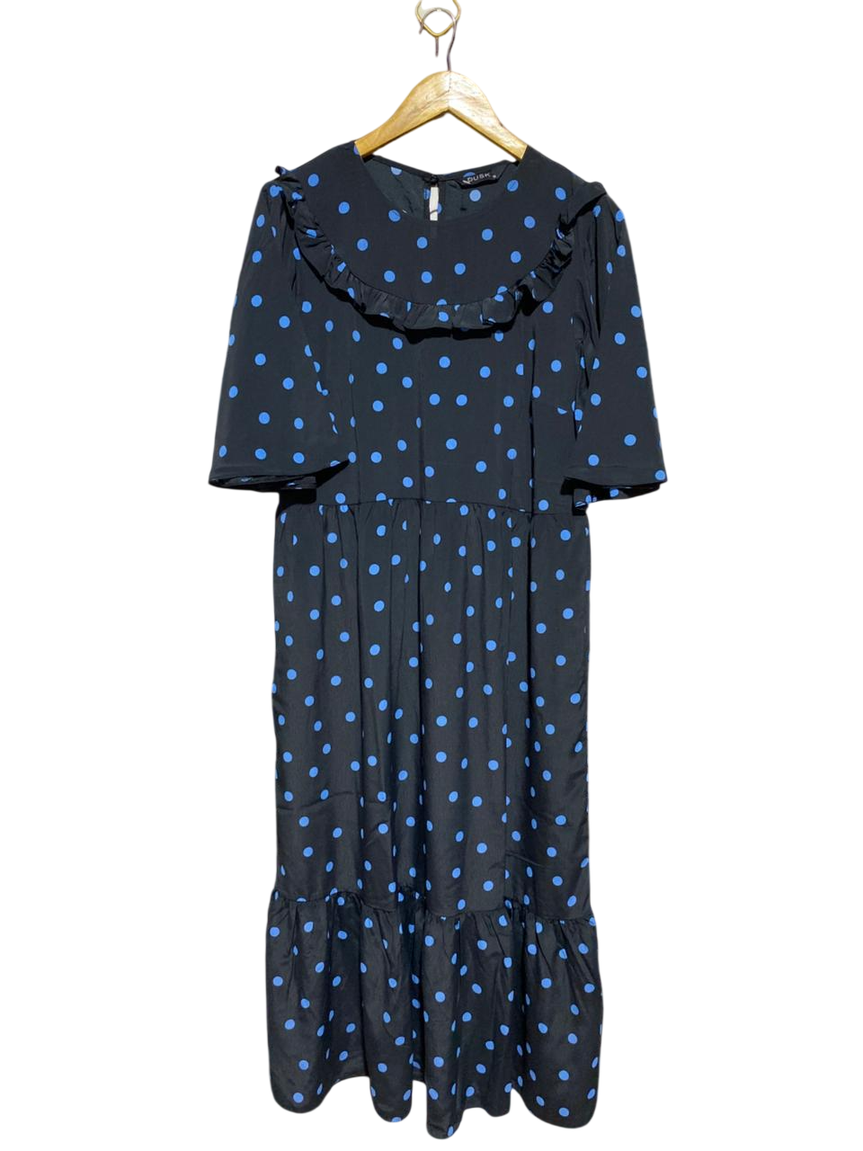 DUSK |L| BUST 19| B24| PREMIUM NAVY AND BLUE POLKA DOT RUFFLE MIDI DRESS