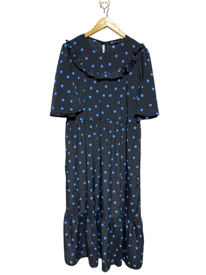 DUSK |L| BUST 19| B24| PREMIUM NAVY AND BLUE POLKA DOT RUFFLE MIDI DRESS
