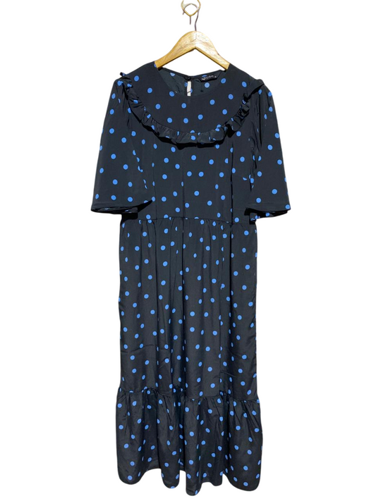 DUSK |L| BUST 19| B24| PREMIUM NAVY AND BLUE POLKA DOT RUFFLE MIDI DRESS