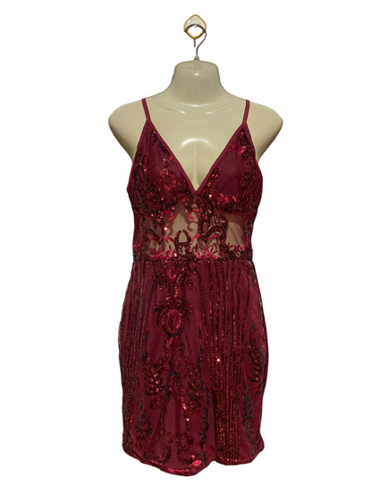 PRETTYLITTLE THING |M| BUST 16| B24| PREMIUM SEQUIN-EMBELLISHED PARTY DRESS – ELEGANT BURGUNDY MINI APPAREL
