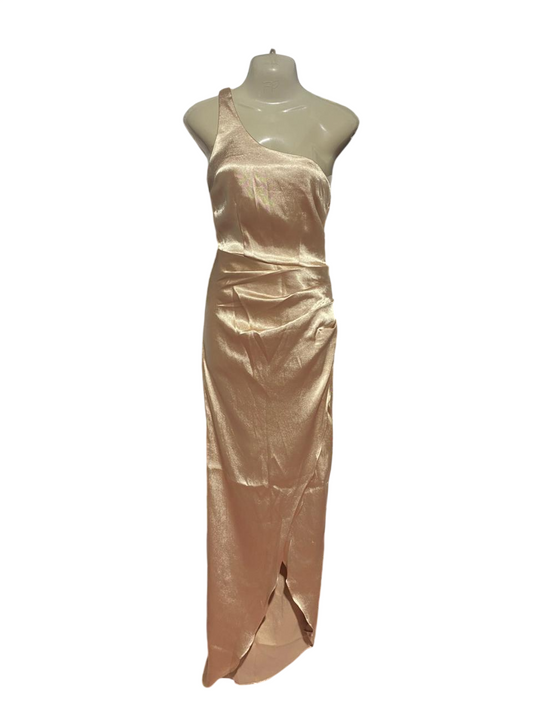 WHITE FOX |M| BUST 17| B24| LUXURIOUS CHAMPAGNE SATIN ONE-SHOULDER GOWN - ELEGANT RUCHED MAXI DRESS