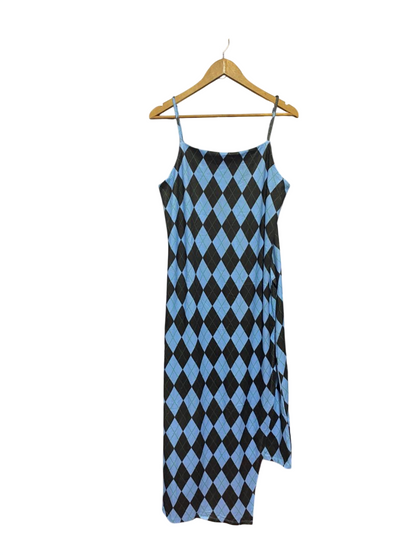 SHEIN |L| BUST 19| B24| CHIC BLUE & BLACK ARGYLE MIDI DRESS - MODERN ASYMMETRICAL SLIP DESIGN