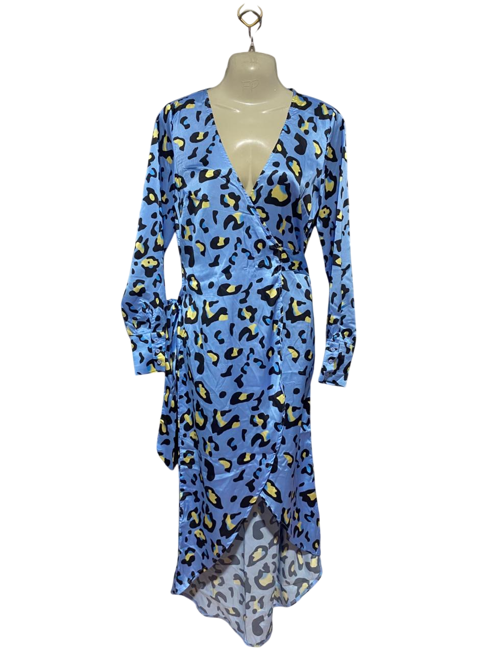 IN THE STYLE |S| BUST 17| B24| CHIC SKY BLUE LEOPARD PRINT WRAP DRESS - ELEGANT SATIN-FINISH MIDI GOWN