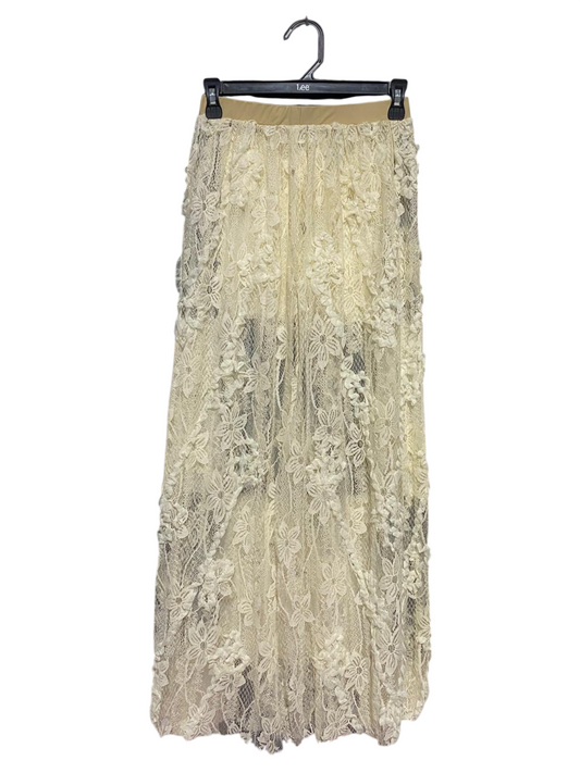|M| WAIST 24| B24| ELEGANT CREAM LACE MAXI SKIRT - INTRICATE FLORAL EMBROIDERY & ELASTIC WAIST
