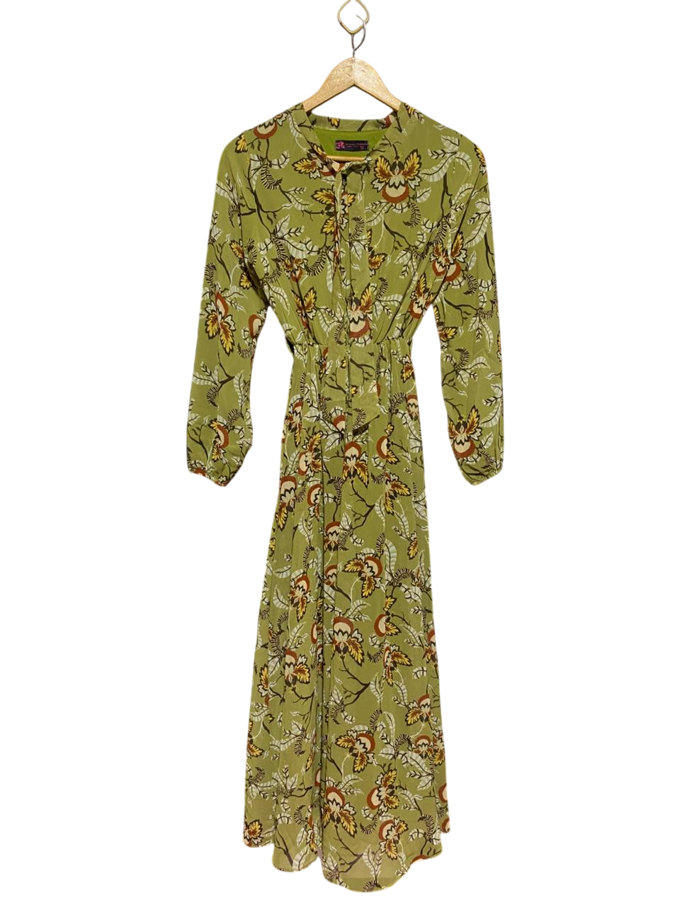34 ISTANBUL FASHION |S| BUST 16| B24| ELEGANT OLIVE FLORAL MAXI DRESS - BOHEMIAN LONG-SLEEVE FULL-LENGTH GOWN