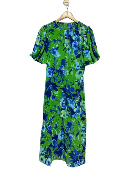 |M| BUST 18| B24| VIBRANT GREEN FLORAL MIDI DRESS - ELEGANT PUFF SLEEVE SUMMER APPAREL