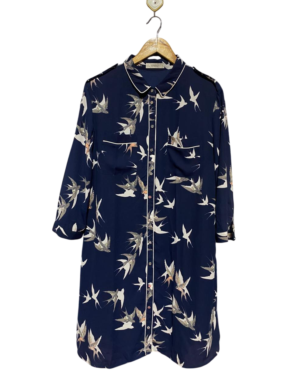 OASIS |XL| BUST 21| B24| NAVY BLUE SWALLOW PRINT SHIRT DRESS - ELEGANT LONG-SLEEVE BUTTON-DOWN