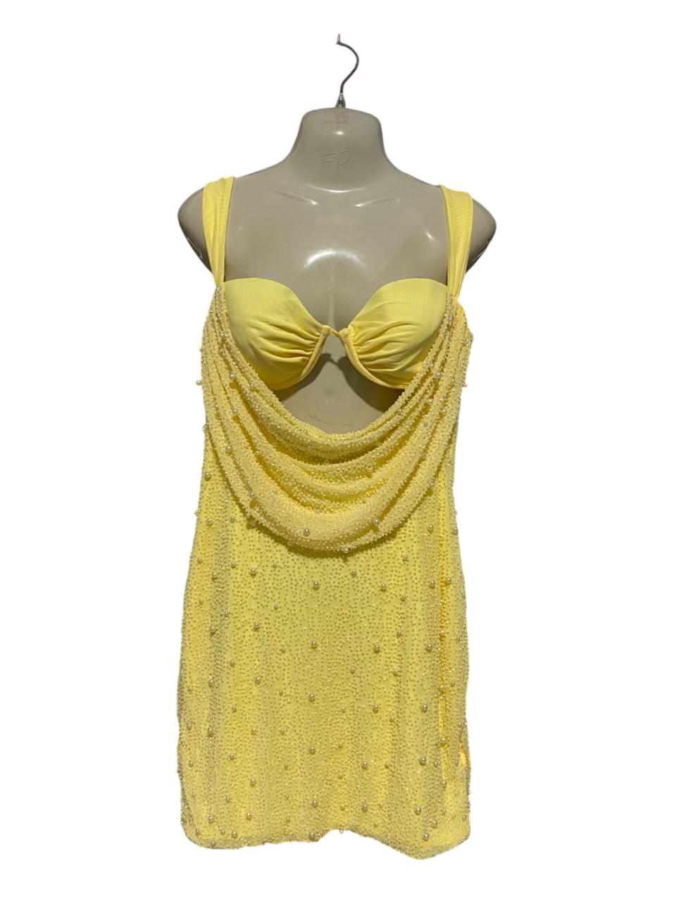 OH POLLY |M| BUST 19| B25| LUXURY PEARL-EMBELLISHED COCKTAIL DRESS - VIBRANT YELLOW CUT-OUT DESIGN