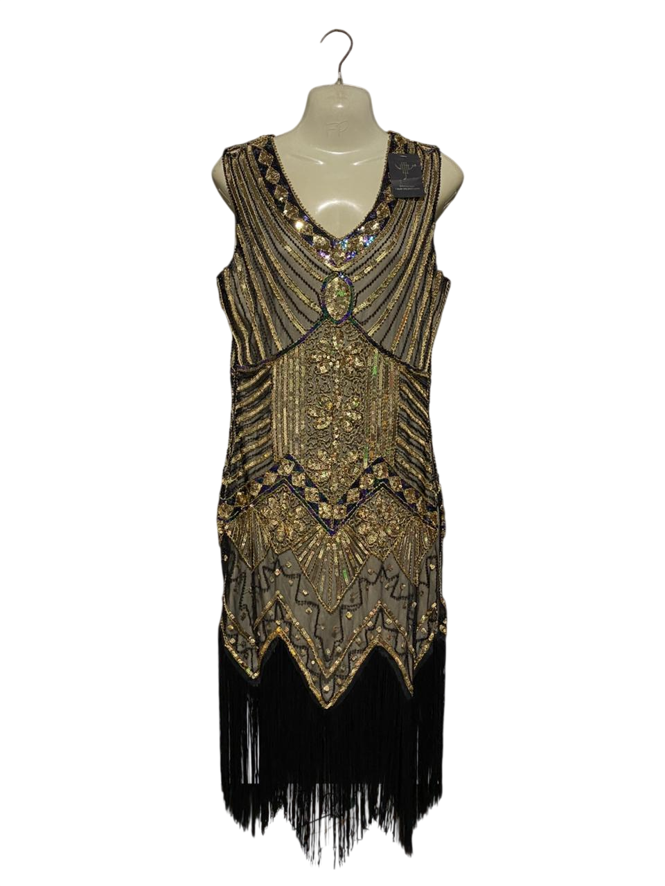 VIJIV |L| BUST 20| B25| VINTAGE-INSPIRED ART DECO SEQUIN FLAPPER DRESS - GOLD & BLACK EMBELLISHED LUXURY