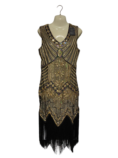 VIJIV |L| BUST 20| B25| VINTAGE-INSPIRED ART DECO SEQUIN FLAPPER DRESS - GOLD & BLACK EMBELLISHED LUXURY