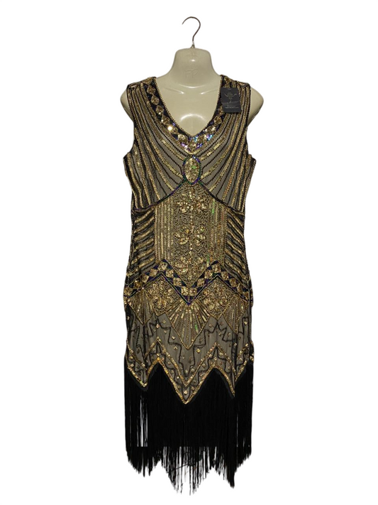 VIJIV |L| BUST 20| B25| VINTAGE-INSPIRED ART DECO SEQUIN FLAPPER DRESS - GOLD & BLACK EMBELLISHED LUXURY