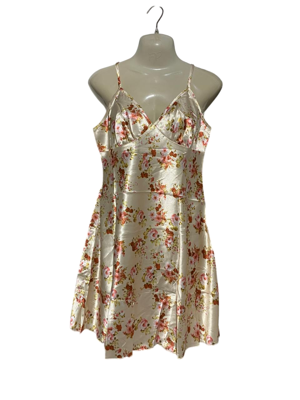 |M| BUST 18| B25| WOMEN'S LUXURY CHAMPAGNE SATIN FLORAL PRINT SLIP DRESS