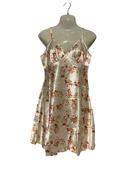 |M| BUST 18| B25| WOMEN'S LUXURY CHAMPAGNE SATIN FLORAL PRINT SLIP DRESS