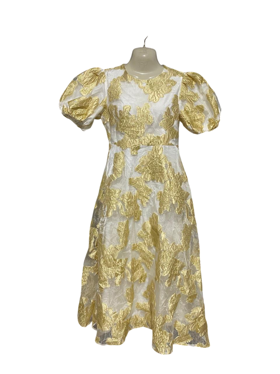 SHEIN |M| BUST 18| B25| WOMEN'S ELEGANT WHITE AND GOLD FLORAL BROCADE PUFF-SLEEVE MIDI DRESS