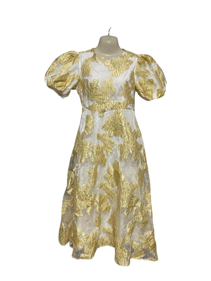 SHEIN |M| BUST 18| B25| WOMEN'S ELEGANT WHITE AND GOLD FLORAL BROCADE PUFF-SLEEVE MIDI DRESS