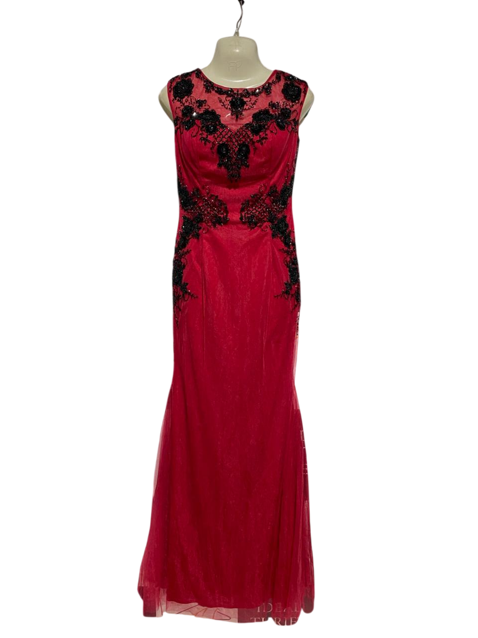 JADORE |M| BUST 18| B25| WOMEN'S CRIMSON RED EMBELLISHED MERMAID GOWN WITH BLACK LACE APPLIQUÉ