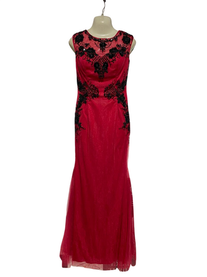 JADORE |M| BUST 18| B25| WOMEN'S CRIMSON RED EMBELLISHED MERMAID GOWN WITH BLACK LACE APPLIQUÉ