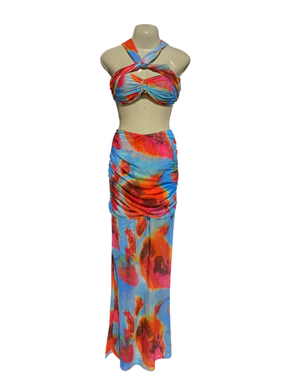 SISTER PARTY |S| B25| WOMEN'S VIBRANT MULTICOLOR ABSTRACT PRINT MESH HALTER TOP AND RUCHED MAXI SKIRT SET