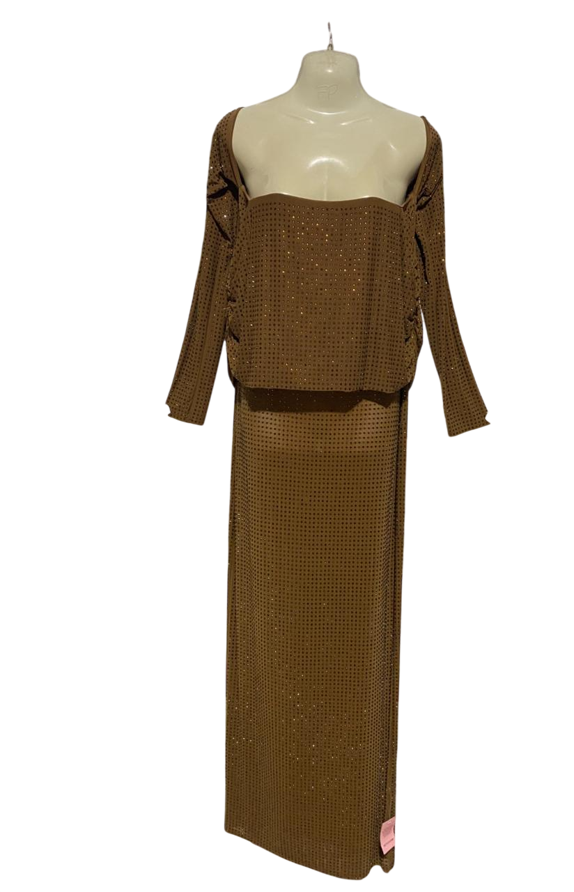 PRETTYLITTLE THING |L| BUST 20| B25| WOMEN'S COFFEE BROWN GLITTER EMBELLISHED TWO-PIECE MAXI DRESS AND SHRUG SET