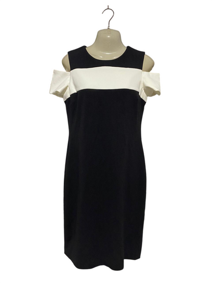 TOMMY HILFIER |M| BUST 18| B25| WOMEN'S CHIC BLACK AND WHITE COLOR-BLOCK COLD-SHOULDER SHIFT DRESS