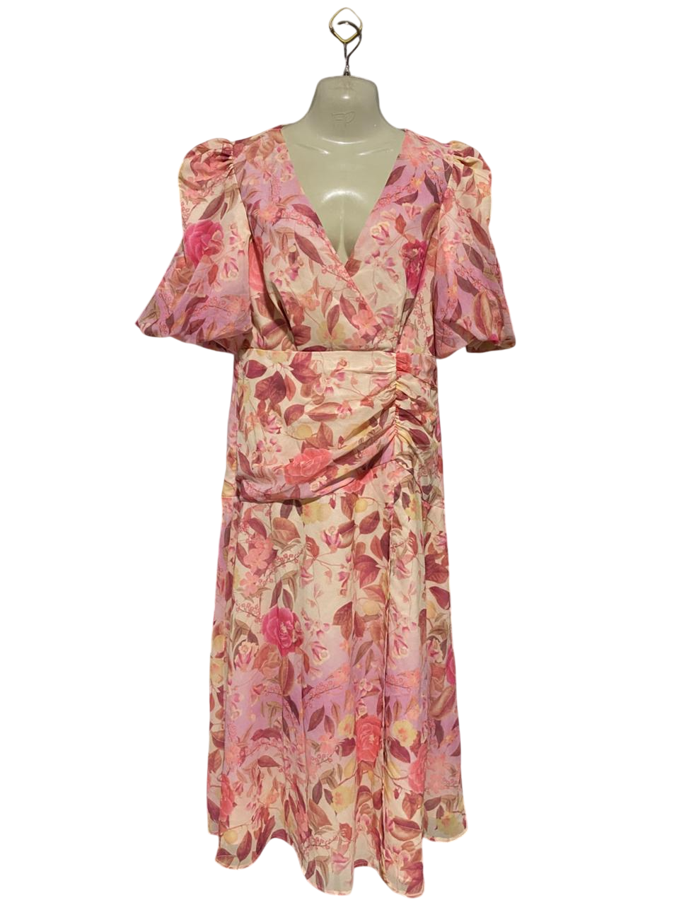 SHOWPO |M| BUST 18| B25| WOMEN'S VINTAGE FLORAL PRINT PUFF-SLEEVE V-NECK MIDI DRESS