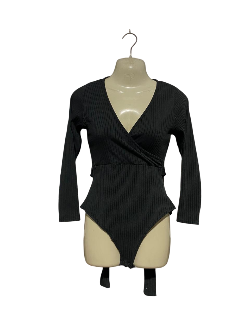 BOOHOO |S| BUST 17| B25| WOMEN'S BLACK RIBBED LONG-SLEEVE WRAP-FRONT BODYSUIT
