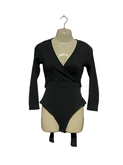 BOOHOO |S| BUST 17| B25| WOMEN'S BLACK RIBBED LONG-SLEEVE WRAP-FRONT BODYSUIT