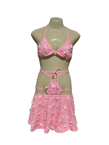 |M| B25| WOMEN'S THREE-PIECE PINK BUTTERFLY EMBELLISHED FESTIVAL & SWIM SET