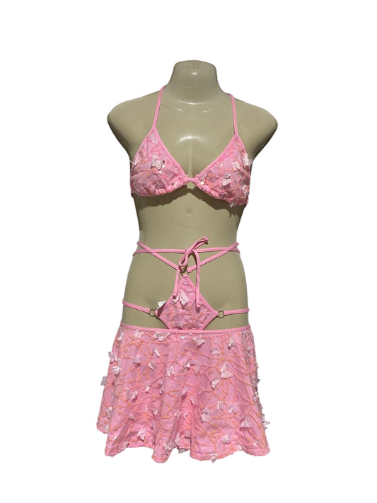 |M| B25| WOMEN'S THREE-PIECE PINK BUTTERFLY EMBELLISHED FESTIVAL & SWIM SET