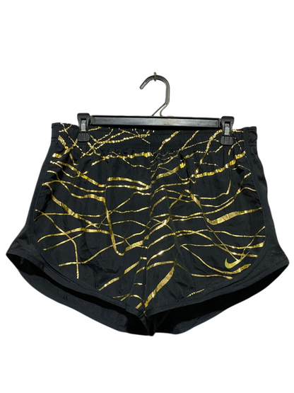 NIKE |L|WAIST 30| B25| WOMEN'S BLACK AND GOLD METALLIC GRAPHIC RUNNING SHORTS