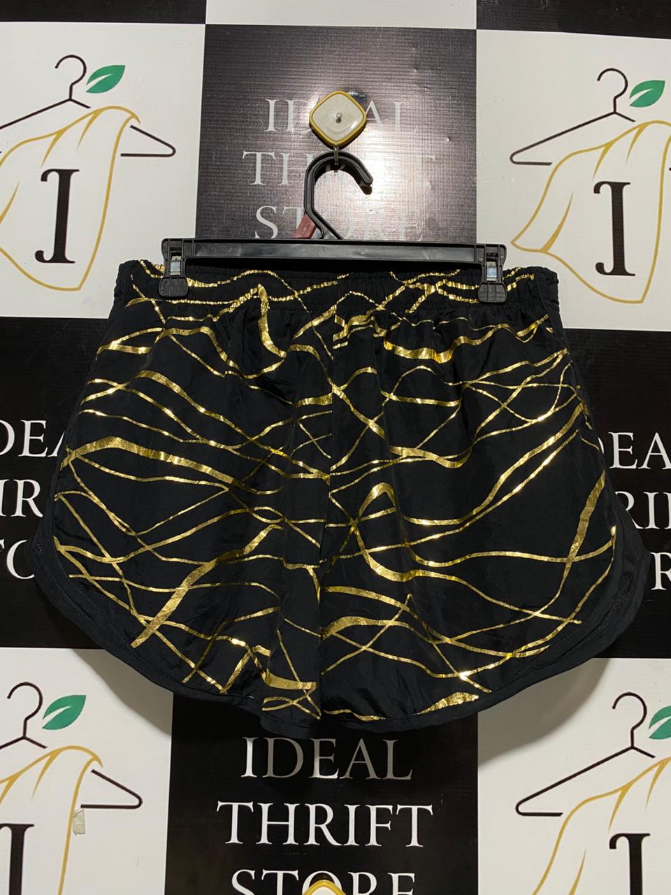 NIKE |L|WAIST 30| B25| WOMEN'S BLACK AND GOLD METALLIC GRAPHIC RUNNING SHORTS