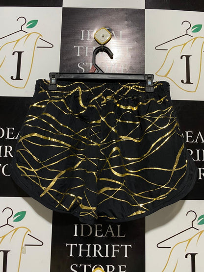 NIKE |L|WAIST 30| B25| WOMEN'S BLACK AND GOLD METALLIC GRAPHIC RUNNING SHORTS